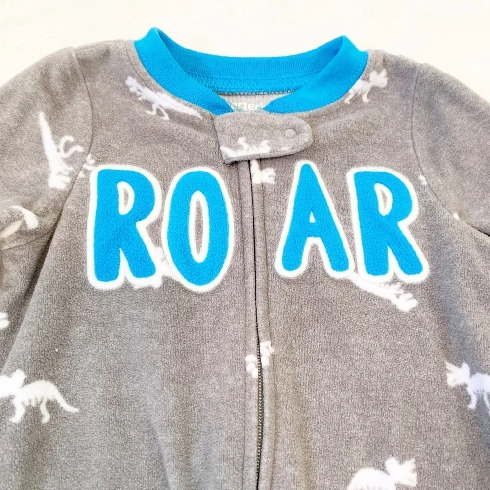 5/$25 Carter's Footed Pajamas Baby Boy 6M Grey Blue Dinosaur ROAR Fleece Sleeper